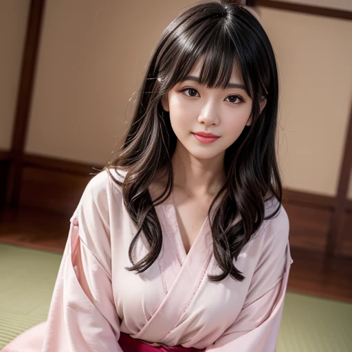 best quality, Delicate face,beautiful visual work, lifelike, eternity, black hair, Long curly hair, blunt bangs, Smile, Detailed Background, Delicate face,blush,cold,((masterpiece))、(top quality)、8k、high detail、Super detailed,41-year-old female,Wearing a yukata, Kneeling on the tatami, masterpiece、born、Scenes resembling fairy tale illustrations、intricate details和複雜的設計、Beautifully、magic、capricious、 Beautifully、Dream aesthetics、「𝓡𝓸𝓶𝓪𝓷𝓽𝓲𝓬、ethereal、charming、fickle、magic」、realism、Visual effects、FXAA、SSAO、Shader、voiceless、ambient lighting、Tone mapping、High resolution、Ultra high quality、Million pixels、(8K resolution:1.10)、8k、8k以下、8K resolution、high detail、intricate details, (high quality:1.2、masterpiece:1.2、:1.21)、(41-year-old female:1.21)、(興奮地Smile)、(Surrounded by a dreamy atmosphere、Model diagram,full-body shot,Normal 2 feet,Put your hands behind you,The protrusion of the breast is visible when wearing clothes, Large Breasts, H cup chest, pink clothes, Don't show your fingers, full-body shot, full-body shot,full-body shot,full-body shot,full-body shot,full-body shot,full-body shot,full-body shot,hands hidden in clothes, hands hidden in clothes,hands hidden in clothes,hands hidden in clothes,hands hidden in clothes,hands hidden in clothes,hands hidden in clothes,hands hidden in clothes,hands hidden in clothes, ,hands hidden in sleeves ,hands hidden in sleeves ,hands hidden in sleeves ,hands hidden in sleeves ,hands hidden in sleeves ,hands hidden in sleeves ,hands hidden in sleeves ,hands hidden in sleeves, arms behind back, arms behind back,indoor, Japanese style decoration, Japanese style architecture, Japanese-style room, 在Japanese-style room內, Pink and white yukata with flower pattern, Pink and white floral pattern yukata, Yukata with cherry blossom pattern on it, White yukata with cherry blossoms printed on it, In Sakura Tree Park, Maruyama Park in Japan is full of cherry blossoms