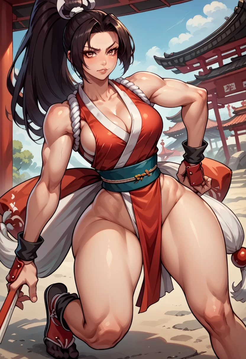 Mai shiranui, 29 years old woman, beautiful detailed eyes, beautiful detailed lips, extremely detailed face and features, long shinobi ponytail, fit muscular body, wide curvy hips, big breasts, big ass, toned thighs, wearing a shinobi outfit with leather pants, fundoshi, tabi, ninja,action,video game character