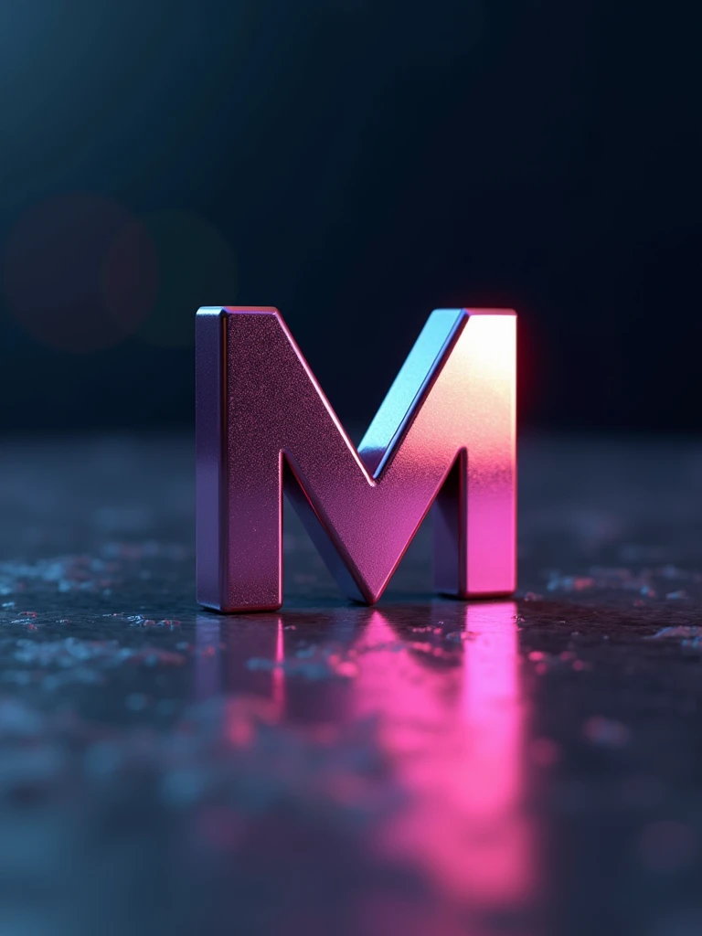 3D, logo Create an image featuring a blurred dark background with a prominent, sharp metallic vibrant colors letter "Mnever" placed on a reflective surface that creates a subtle mirror effect of the letter,
