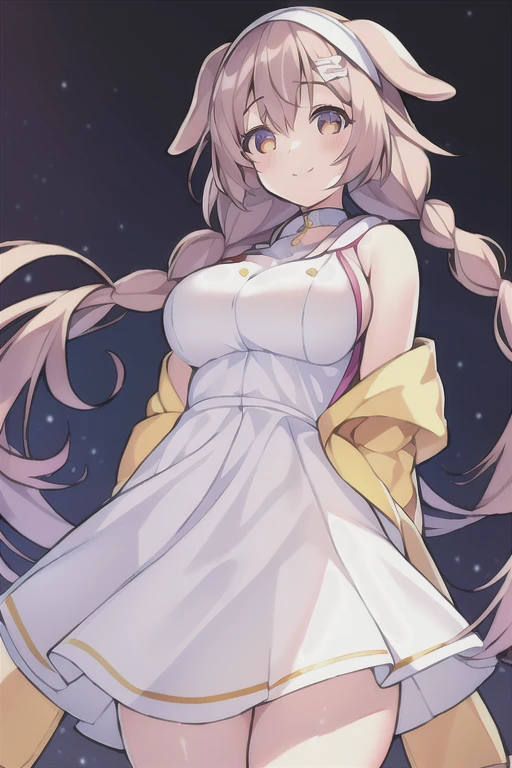 1girl, Korone, smile, dog ears, twin braids, sidelocks, hair ornament, ((white dress)), yellow jacket, dress, jacket, open clothes, open jacket, short dress, sleeveless dress, huge breasts, thick thighs, tall, tall female, mature female, bandana, scarf, hourglass figure, arms behind back, standing, ((arms behind back))