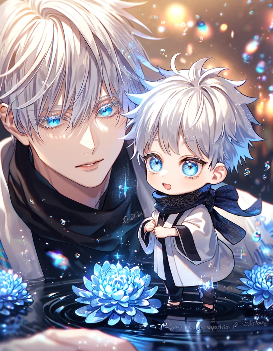 absurdres, highres, ultra detailed, HDR, master piece, best quality, extremely detailed, Gojou Satoru chibi, white hair, expressive blue eyes, white eyelashes, Jujutsu Kaisen, solo, cute, black scarf, white haori, black T-shirt, fantasy, water, sparkling, blue glittering fireflies, blue moon, blue blossoms, blue chrysanthemums, blue sparkling lights, starry sky