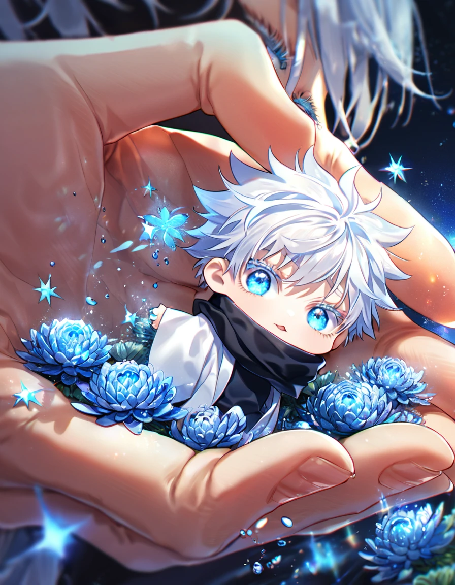 absurdres, highres, ultra detailed, HDR, master piece, best quality, extremely detailed, Gojou Satoru chibi, white hair, expressive blue eyes, white eyelashes, Jujutsu Kaisen, solo, cute, black scarf, white haori, black T-shirt, fantasy, water, sparkling, blue glittering fireflies, blue moon, blue blossoms, blue chrysanthemums, blue sparkling lights, starry sky