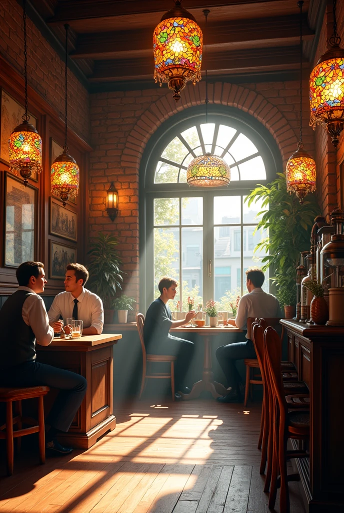 A retro cafe with stained glass lamps