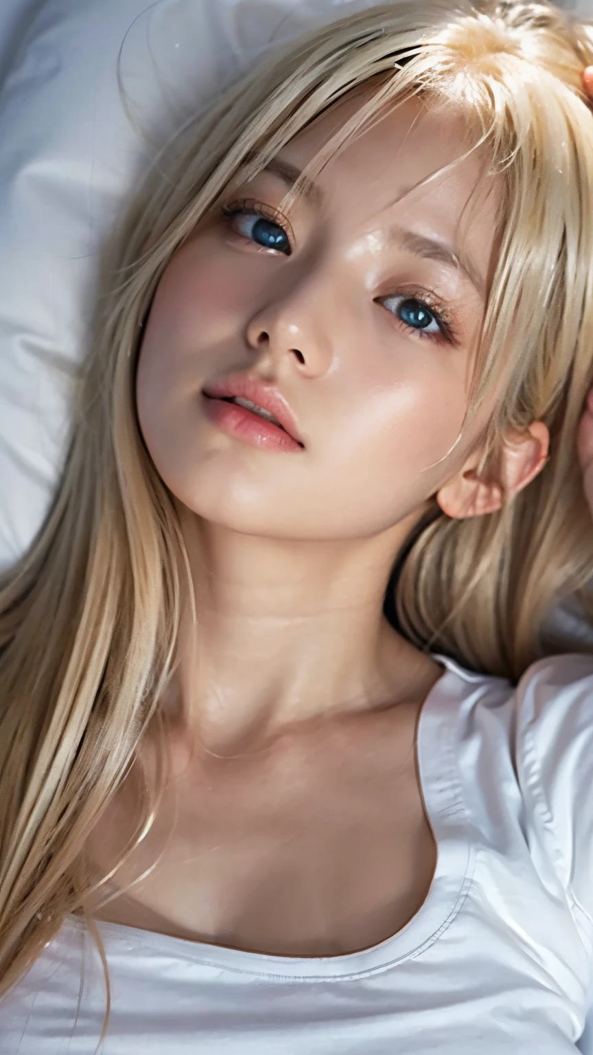 An innocent 20-year-old beautiful platinum blonde、Beautiful, shiny, super long, natural platinum blonde hair、Bangs between the eyes falling on the face、((Wearing an open white T-shirt,Dramatic Pose)),Sexy look,Super long straight blonde silky hair,dazzling blonde reflected light、Bed Background,Beach Background、RAW Photos, (8k、Highest quality、masterpiece:1.2)、(Intricate details:1.4)、(Realistic:1.4)、Octane Rendering、Intricate 3D rendering Super Detailed, Studio Soft Light, Rim Light, Sharp details, Super Detail, Realistic skin texture, Cheek gloss highlighter、Detailed aspect, Very beautiful big bright light blue eyes, Very big eyes、Highly detailed CG Unity 16k wallpaper, Perfect small face beauty、Round face、compensate, (Detailed Background:1.2), Glowing Skin, whole body、From head to thighs、Cleavage,((Sleeping on your back、Angle of view from above))