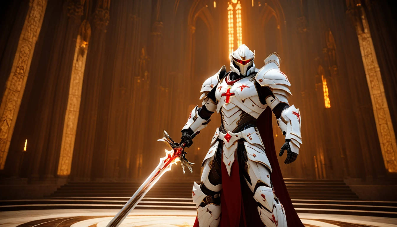 Masterpieces, male, Holy white Knight, (white armor) Action style shot, inside a cathedral, sitting on marble stairs leaning back against roman style temple pillars, Glowing red colored Christian cross on chest made of a large gem on chest (Battle Priest in a warframe and halo style armor wielding two swords, a sword in each hand with radiant red light, emanating potent gold light magic.), (action shot: Holding a sword in each hand in front of him), (white, red and silver color scheme), (5 red gems on belt), (large Christian cross on chest and abdomen), (red magic effects), (red half cape), white and red tabard, centered, full body shot fighting, sci-fi knight, Halo master chief, vibrant colors, visible figure joints, cinematic shot, volumetric lighting, intricate pattern detail, highly detailed