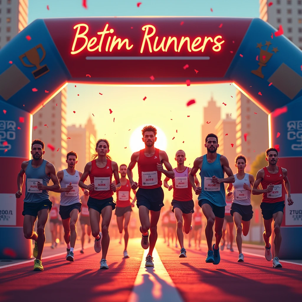 Race disclosure, track on the street, square, arrival sign written "Betim Runners",  red and blue colors, city background, athlete chest number, medal, trophy, many athletes,  rise sun, confeti, cinematic, esporte