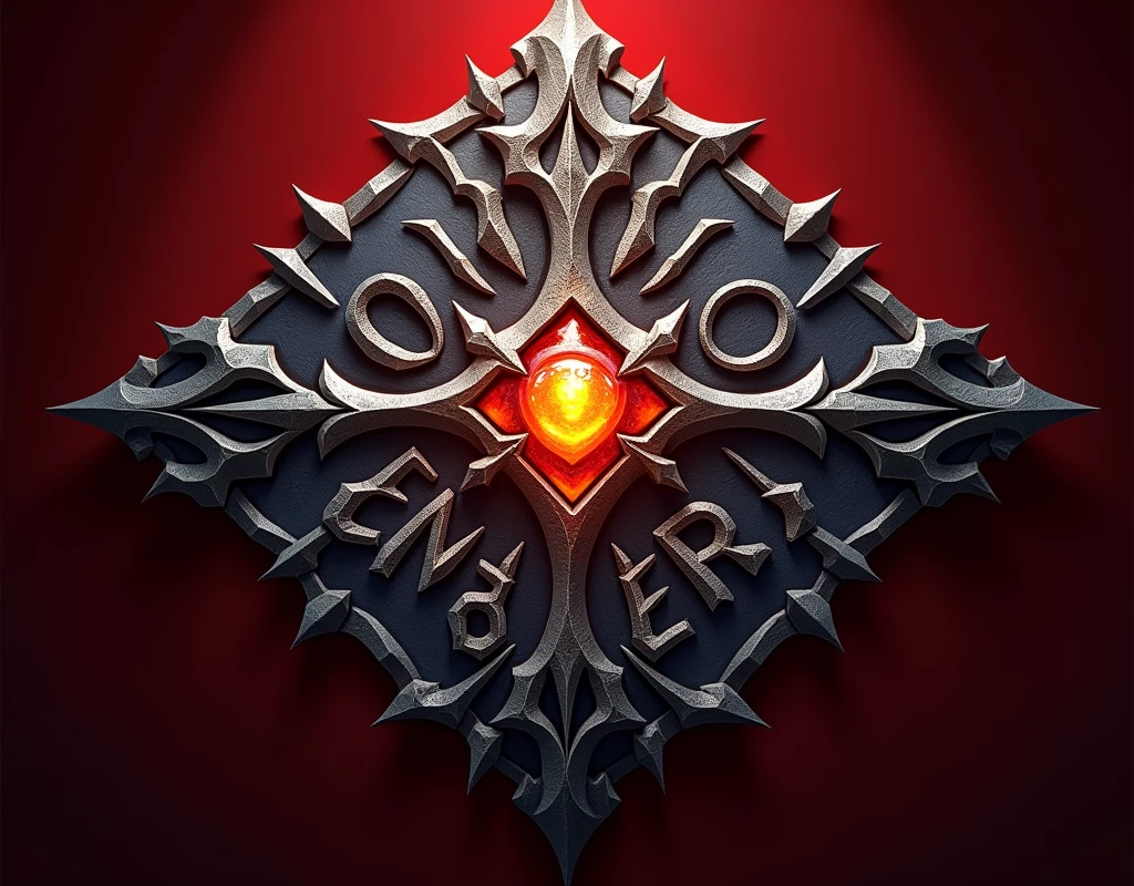 A metallic, ornate emblem set against a deep red background. The emblem is intricately designed with sharp edges and a central gemstone that appears to be glowing. The words 'OATH TO EMBERS' are prominently displayed in silver, with the lettering appearing to be carved or engraved into the metal. The overall design gives off a sense of fantasy and adventure, possibly related to a game or a story.