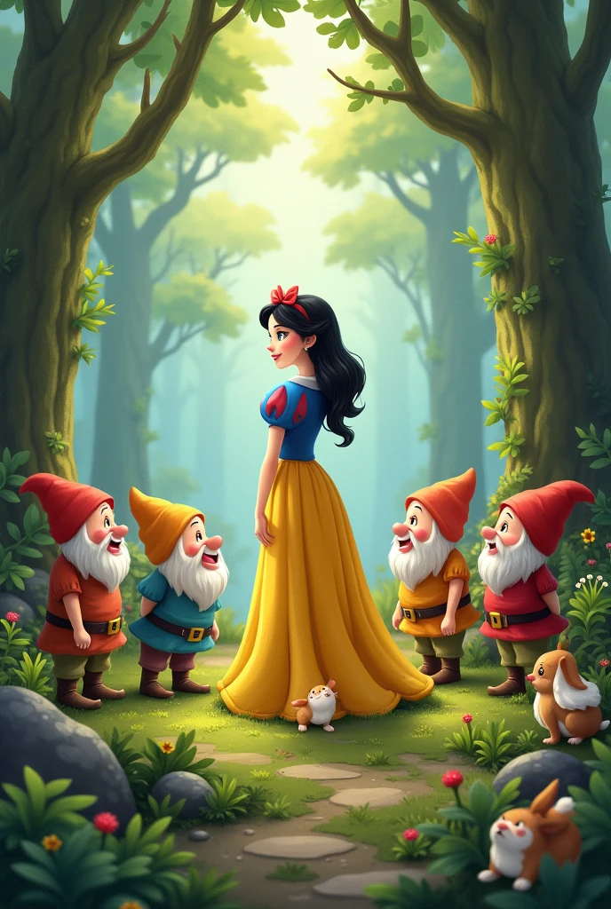 Snow White and the 7 Dwarfs in the forest with lots of cute animals