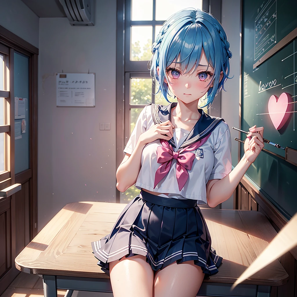 Sky blue hair,Braided short hair,Pink Eyes,Fair skin,whole body,one person,Embarrassed,The background is a school classroom,((love you lettering on a blackboard)),Heart-shaped chocolate,Hand it forward with both hands,Sailor suit,valentineday,masterpiece, Highest quality, Very detailed, Best Shadow,Detailed Background,Beautifully detailed face,High Contrast,Best lighting,Very delicate and beautiful,Cinematic Light,Hyper Detail,8k,Dramatic Light, Intricate details,