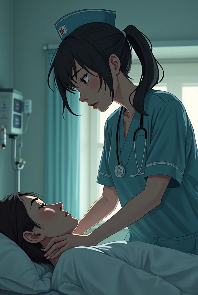 a nurse caring for a person normally, but at the same time he is thinking about other things, hiding feelings, without clean features and it is clear that she has thoughts 