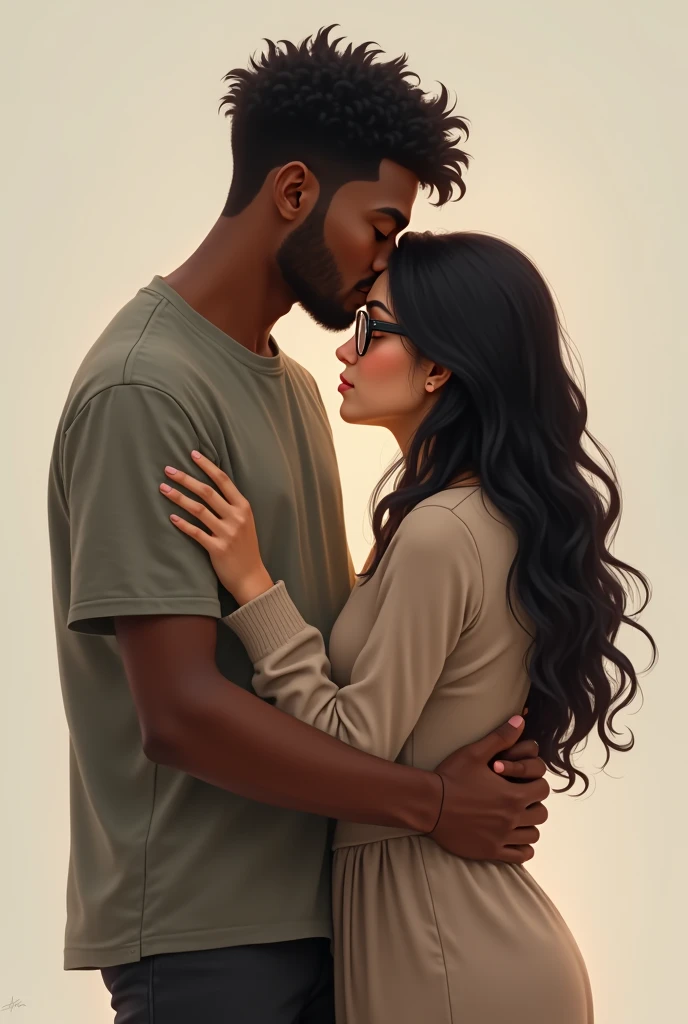 Can you give me an image of a tall, thin, dark-skinned young man hugging his white, corpulent, black-haired girlfriend with glasses, showing love and forgiveness, one last chance, regardless of the problems they once experienced in their past?

