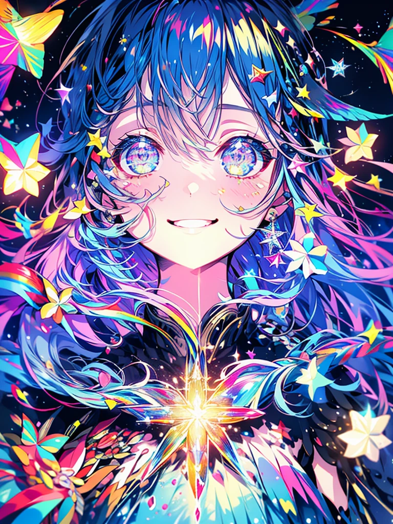 masterpiece、1 girl、Rainbow hair、Sparkling eyes、smile、Shining Background、Starry Sky、Rainbow colors