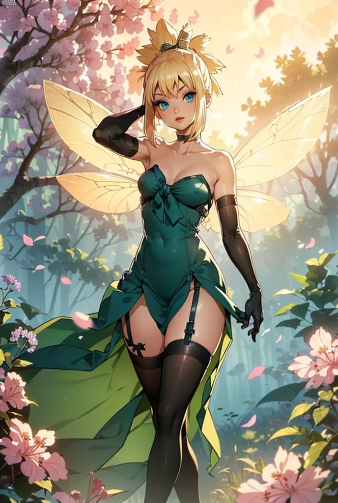 ((1woman, (solo, 1girl, alone), kohaku, blonde hair, blue eyes, tied hair)), smug, ((solo, (1woman, pink lipstick), Extremely detailed, ambient soft lighting, 4k, perfect eyes, a perfect face, perfect lighting, a 1girl)), austere, ((green dress, long stocking, black stocking, black gloves, long gloves, archer woman, fairy, fairy wings, wooden bow, cherry blossom, sunset, jacaranda forest))