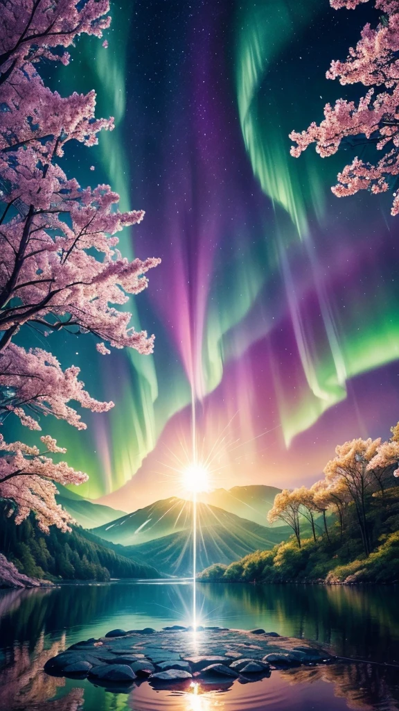 Good luck background image、Miraculous light pours down、wishes come true、Ability blossoms 、rainbow、sun、star、Trees、Lotus flower、spring、Image of breaking the chain、sunの光、Aurora、Mystical feeling、Sharpen your senses and feel the flow of energy。