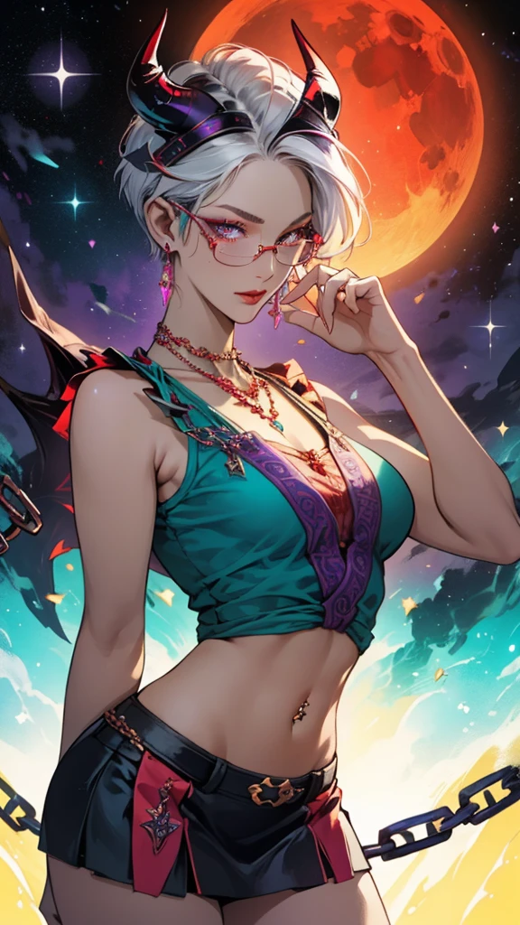 8k, masterpiece, best quality, highly detailed, 1 girl, tiefling, warlock, pixie cut, multicolored hair, very short straight hair red highlight hair on white hair, strippled hair, wearing glasses, round glasses, earrings, navel piercing, red eyeshadow, long eyelashes, blushed cheek, red lips, pearl necklace, rings, collarbone, mole on face, glamorous, teal and purple clothes, sleeveless, miniskirt, smirk, close up view, rings, looking at viewer, demon horns, solo, milky way, starry sky, blood red moon, standing, chains on the background.