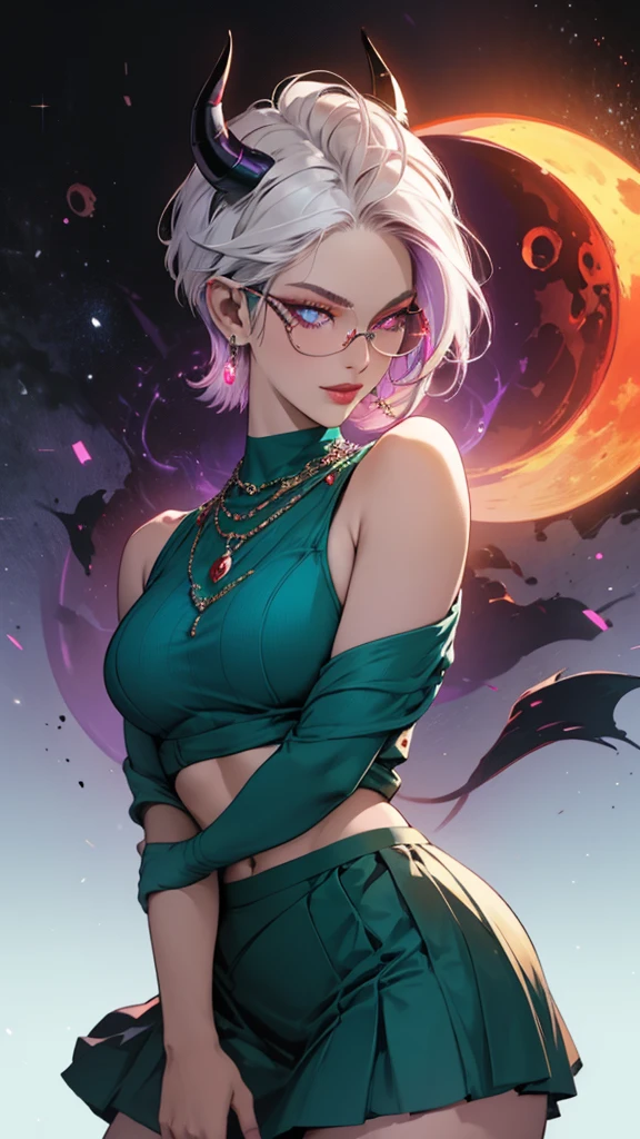 8k, masterpiece, best quality, highly detailed, 1 girl, tiefling, warlock, pixie cut, multicolored hair, very short straight hair red highlight hair on white hair, strippled hair, wearing glasses, round glasses, earrings, navel piercing, red eyeshadow, long eyelashes, blushed cheek, red lips, pearl necklace, rings, collarbone, mole on face, glamorous, teal and purple clothes, sleeveless, miniskirt, smirk, close up view, rings, looking at viewer, demon horns, solo, milky way, starry sky, blood red moon, standing, chains on the background.
