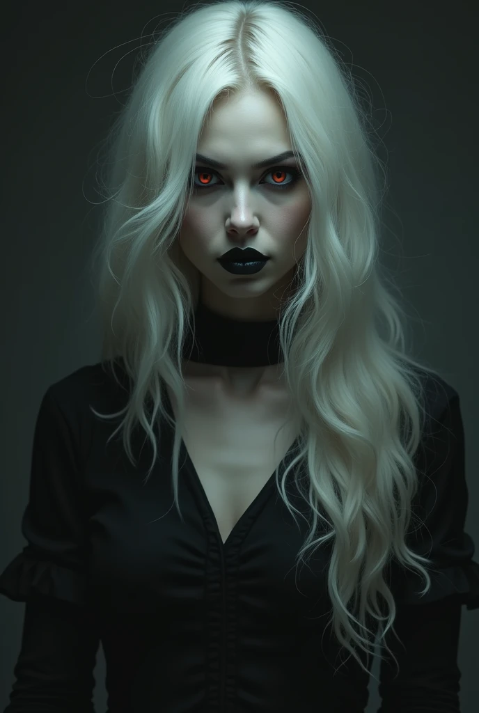 A woman with an evil face, pale skin, white hair, brown eyes, black lipstick, black dress, black high heels, one of her black feet