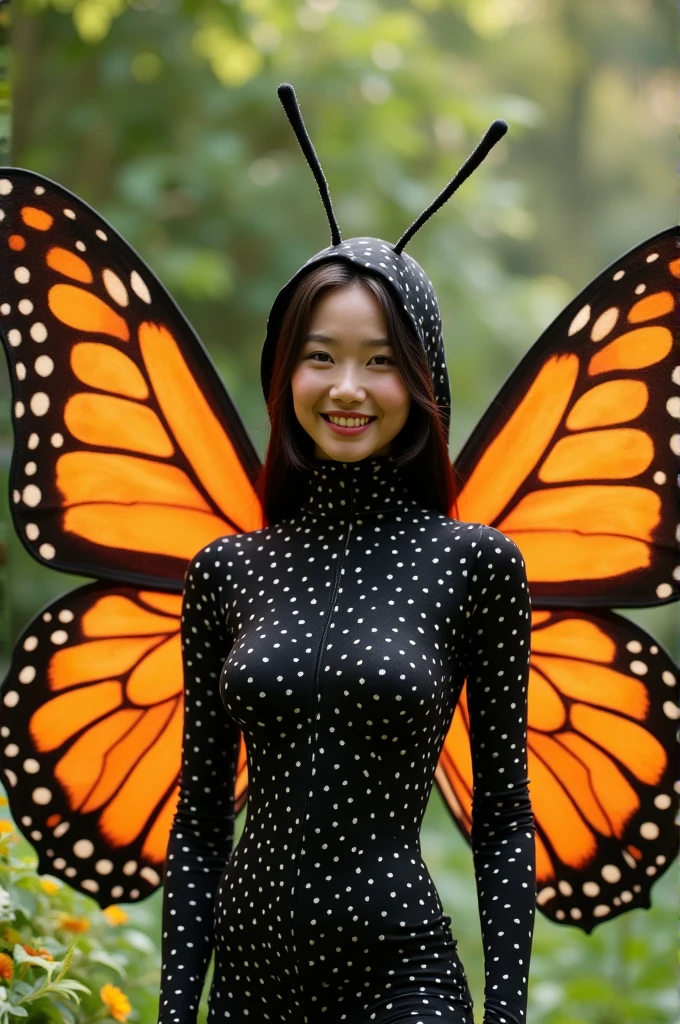 The beautiful asian ager girl with beautiful cheeks wears black beautiful butterfly lycra turtleneck unitard catsuit covered with white seamless polkadots with a pair of large orange butterfly wings and lycra elastane dancewear hood with antennae.She is happy in the garden.