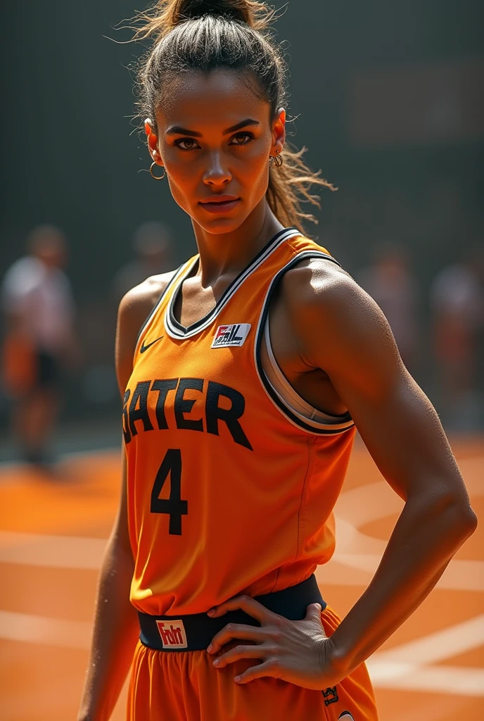 Muscular lesbian playing basketball in orange uniform with crazy bar logo
