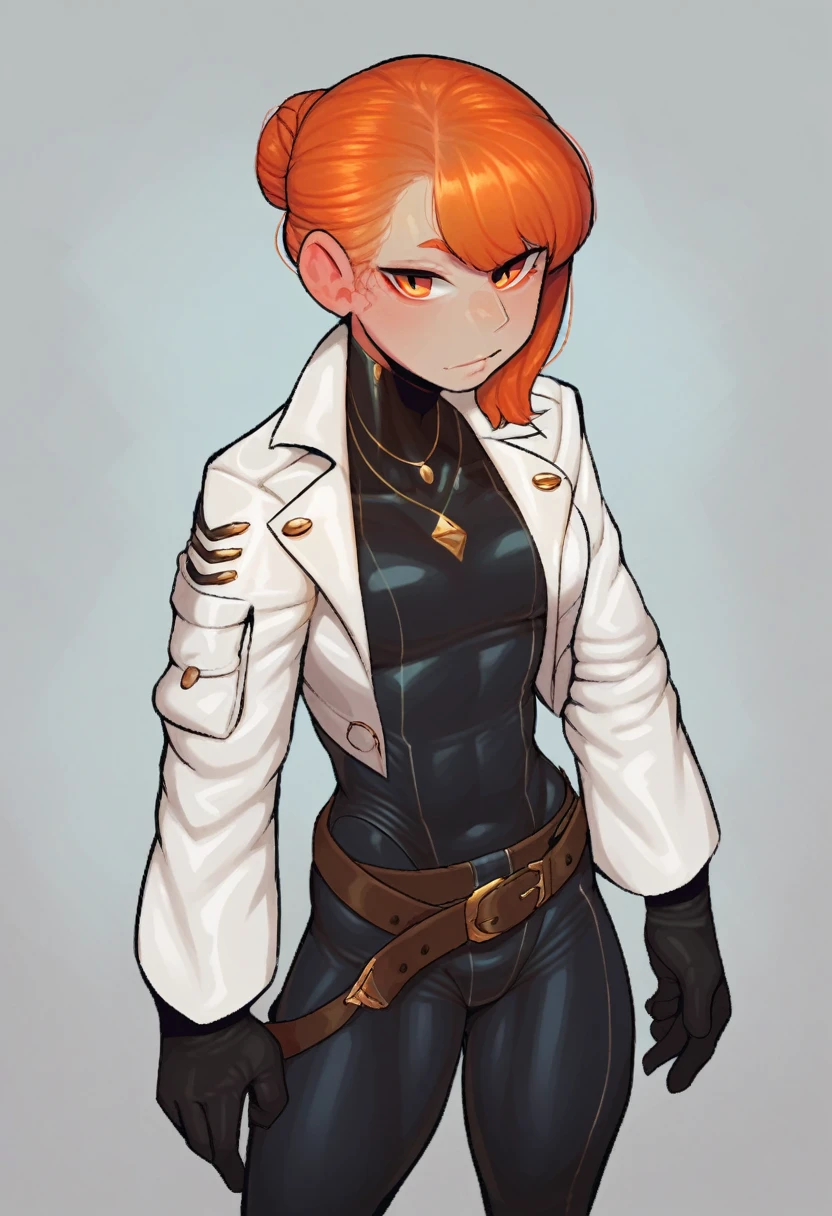 score_9, score_7_up, BREAK, 1girl, solo, neopolitandef, necklace, white jacket, leotard, black gloves, black pants, belt