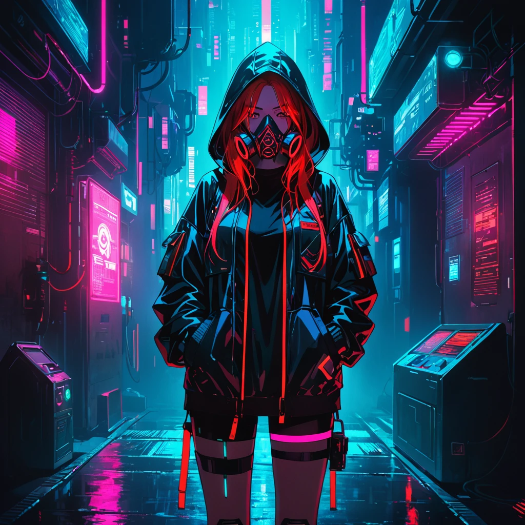 An anime-style illustration of a woman standing in the dark, with her hands in her pockets. She is wearing a hood, a gas mask, and sneakers, all part of a cyberpunk fashion ensemble accented with fluorescent red highlights that glow against the darkness.
High resolution, masterpiece, accurate, 最high quality, High detail, high quality, Very detailed, dark,longhair