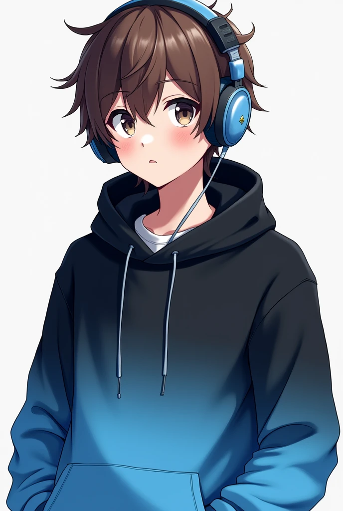 Anime gamer boy with headphones and brown hair, that your sweater is black with a gradient to light blue and blue