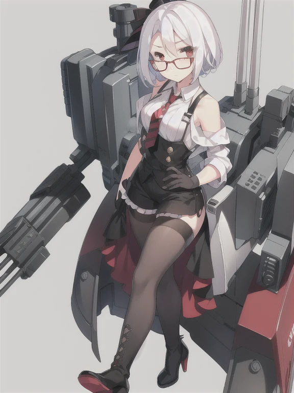 Vittorio_Veneto \(warship girls r\),((masterpiece)),(((best quality))),((ultra-detailed)),((illustration)),((disheveled hair)),((frills)),(1 girl),(solo),1girl,adjusting eyewear,bangs,bare shoulders,black footwear,black gloves,black legwear,black shorts,book stack,boots,bucket,cannon,character name,closed mouth,collared shirt,cup,eyebrows visible through hair,full body,glasses,gloves,gradient,hand up,high heel boots,high heels,looking at viewer,machinery,mecha musume,mug,necktie,off shoulder,pantyhose,parted bangs,red eyes,rigging,shirt,short hair,shorts,smoke,smokestack,solo,standing,striped,striped necktie,suitcase,sunglasses,turret,white hair,white shirt,