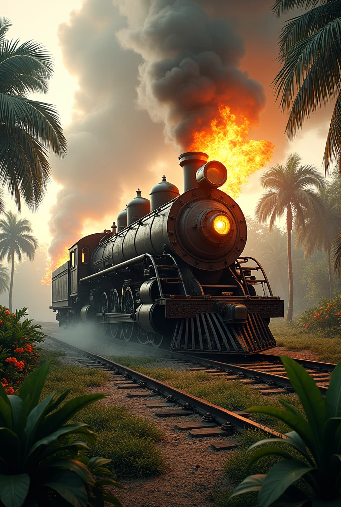 (photorealism:1.2), vapor train, on fire, stranded on a tropical island, outdoors, soft lighting, plants in background, realistic, intricate details, warm colors