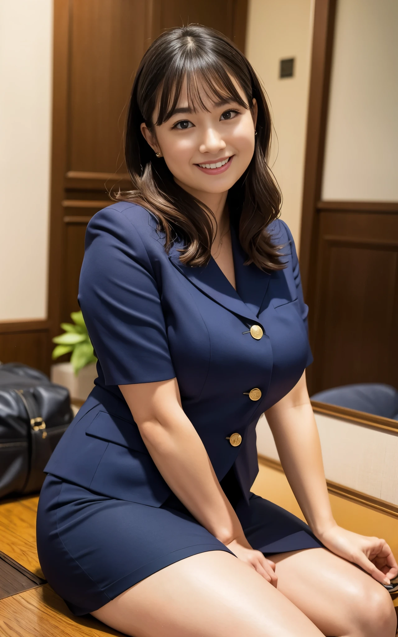 ((Brown Skin, Mature)), (Japan business lady, in navy blue business uniform:1.3, mini skirt), whole body:1.3, chubby shape:0.1, hightquality, ultra high resolution, (Photorealsitic:1.4), Japanese, (Beautiful:1.1), (One Woman:1.5), (45 year old:1.3), (photorealistic photos:1.2), in 8K, (solo, one person:1.5), A smile, Behind the photo, Bangs straight, A big smile, wavy hair, Thick thighs,Sitting, Urban area,