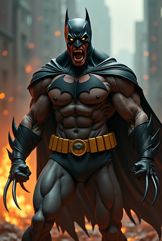 Batman Fused with Wolverine, Contained rage, shiny black claws, short shoulder cape, bright yellow eyes, screaming in anger, Gotham City on fire in the background. anger and despair.