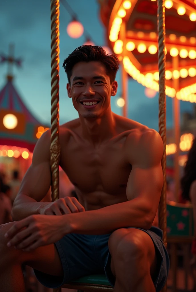 photorealistic, best quality, masterpiece, extremely detailed, sexy, homoerotic, extremely handsome, 25 year old filipino man, muscular bodybuilder, big smile, sitting on carousel merrygoround, at funfair carnival, at midnight, ambient lighting, dramatic shadows, extremely romantic atmosphere, perfect face, perfect fingers, perfect hands, perfection