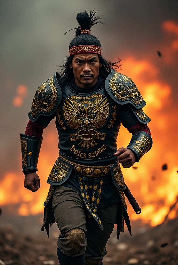 Details of the height of handsome Indonesian people. He wore black Javanese armor with gold and yellow decoration and a garuda head symbol in the middle of his chest and the words "bojes sambas". The headband is red and white. Black and gold belt. There are detailed carvings on all the clothes. He charged forward. Dark Burning Warzone atmosphere, UHDR smoke, Super Realist