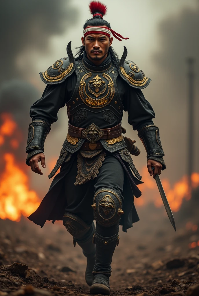Details of the height of handsome Indonesian people. He wore black Javanese armor with gold and yellow decoration and a garuda head symbol in the middle of his chest and the words "bojes sambas". The headband is red and white. Black and gold belt. There are detailed carvings on all the clothes. He charged forward. Dark Burning Warzone atmosphere, UHDR smoke, Super Realist