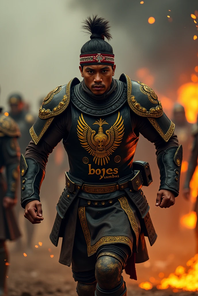 Details of the height of handsome Indonesian people. He wore black Javanese armor with gold and yellow decoration and a garuda head symbol in the middle of his chest and the words "bojes sambas". The headband is red and white. Black and gold belt. There are detailed carvings on all the clothes. He charged forward. Dark Burning Warzone atmosphere, UHDR smoke, Super Realist