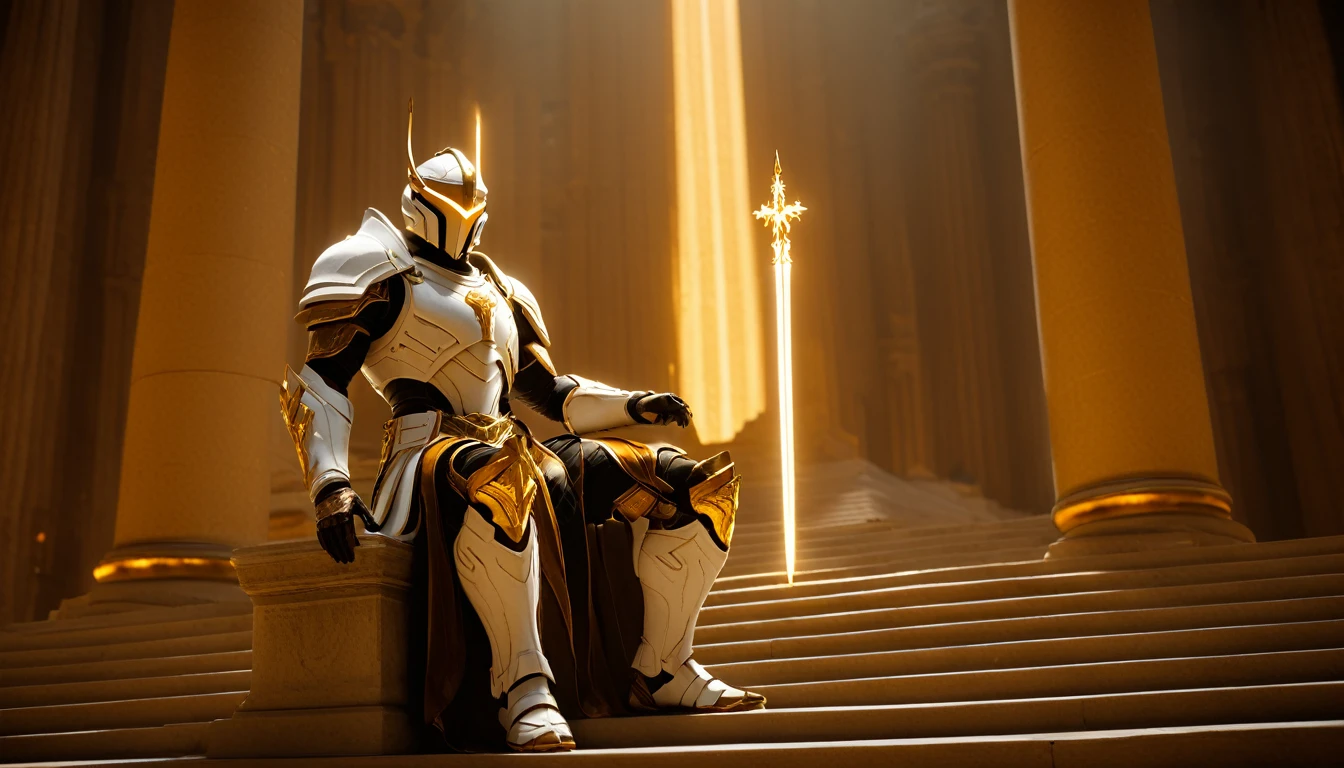 Masterpieces, male, Holy white Knight, (white armor) Action style shot, inside a cathedral, sitting cross-legged on marble stairs leaning back against roman style temple pillars. (no undercloth), holding a spear in one hand, Glowing amber colored Christian Cross on breastplate, (Battle Priest in a warframe and halo style armor holding a spear with radiant amber light, emanating potent gold light magic.), (amber half cape), (action shot: sitting down on marble stairs), (white, amber and gold color scheme), (5 amber gems on belt), (holy light magic effects), white and amber tabard, centered, full body shot fighting, sci-fi knight, Halo master chief, vibrant colors, visible figure joints, cinematic shot, volumetric lighting, intricate pattern detail, highly detailed