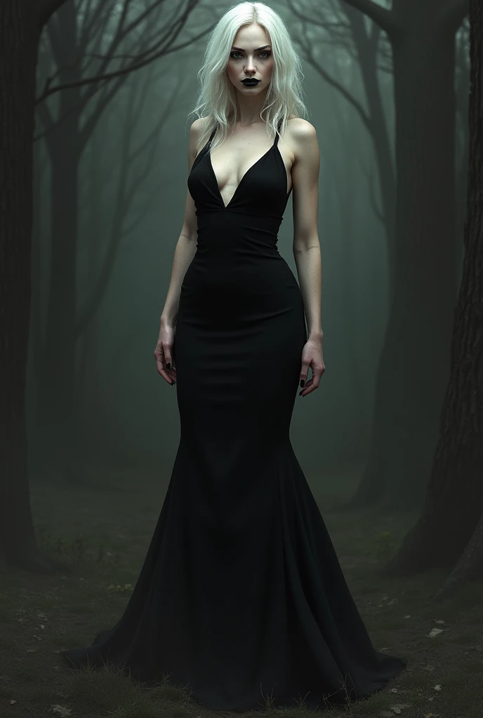 A woman with an evil face, pale skin, white hair, brown eyes, black lipstick, black dress, black high heels, one of her black feet