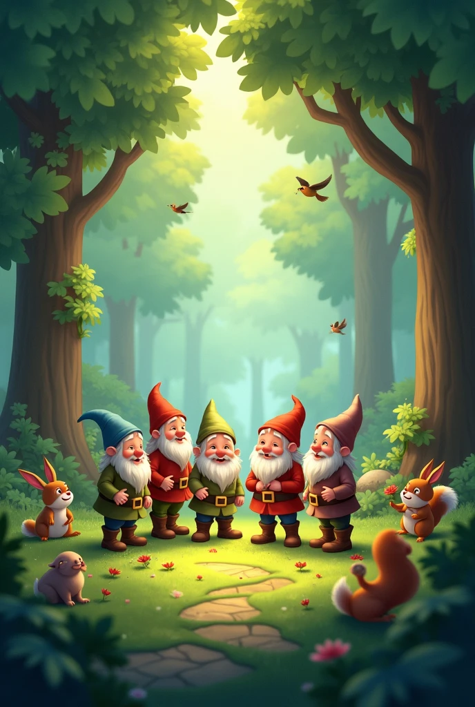 empty center with the 7 dwarves around in the forest with several cute animals