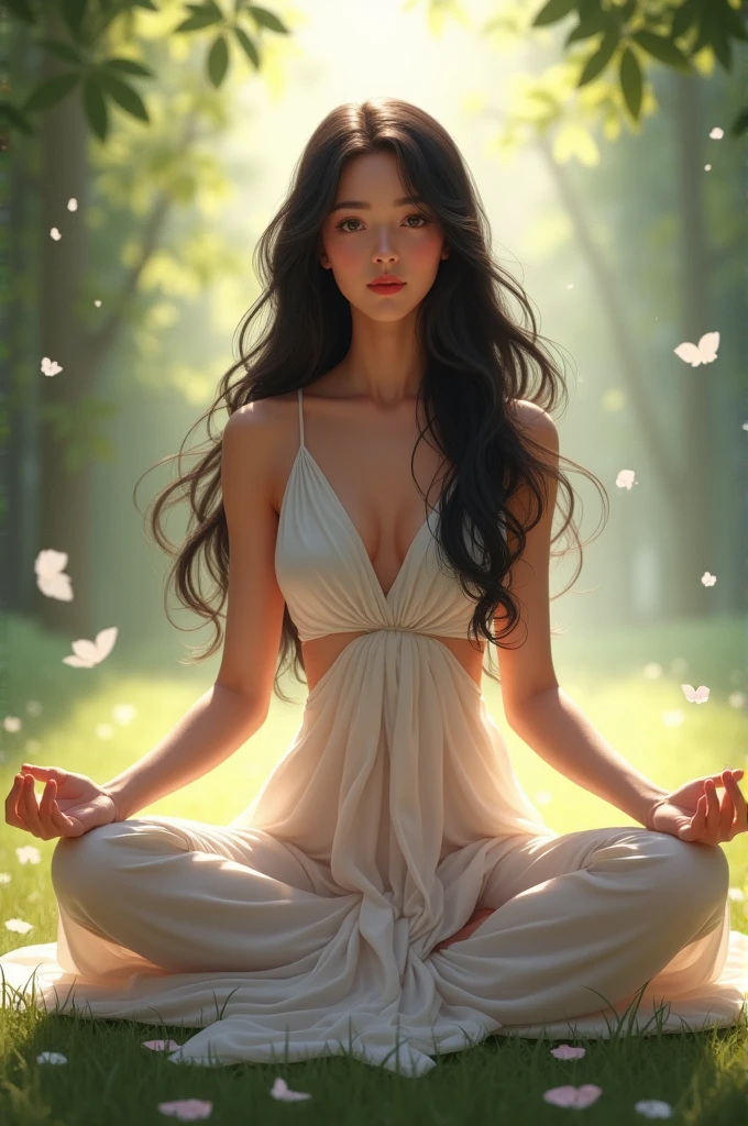 A woman sitting cross-legged