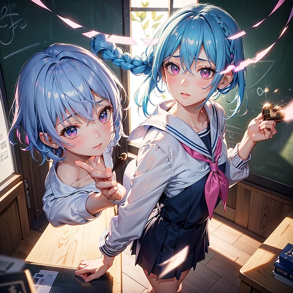 Sky blue hair,Braided short hair,Pink Eyes,Fair skin,whole body,one person,Embarrassed,The background is a school classroom,((love you lettering on a blackboard)),Heart-shaped chocolate,Hand it forward with both hands,Sailor suit,valentineday,masterpiece, Highest quality, Very detailed, Best Shadow,Detailed Background,Beautifully detailed face,High Contrast,Best lighting,Very delicate and beautiful,Cinematic Light,Hyper Detail,8k,Dramatic Light, Intricate details,