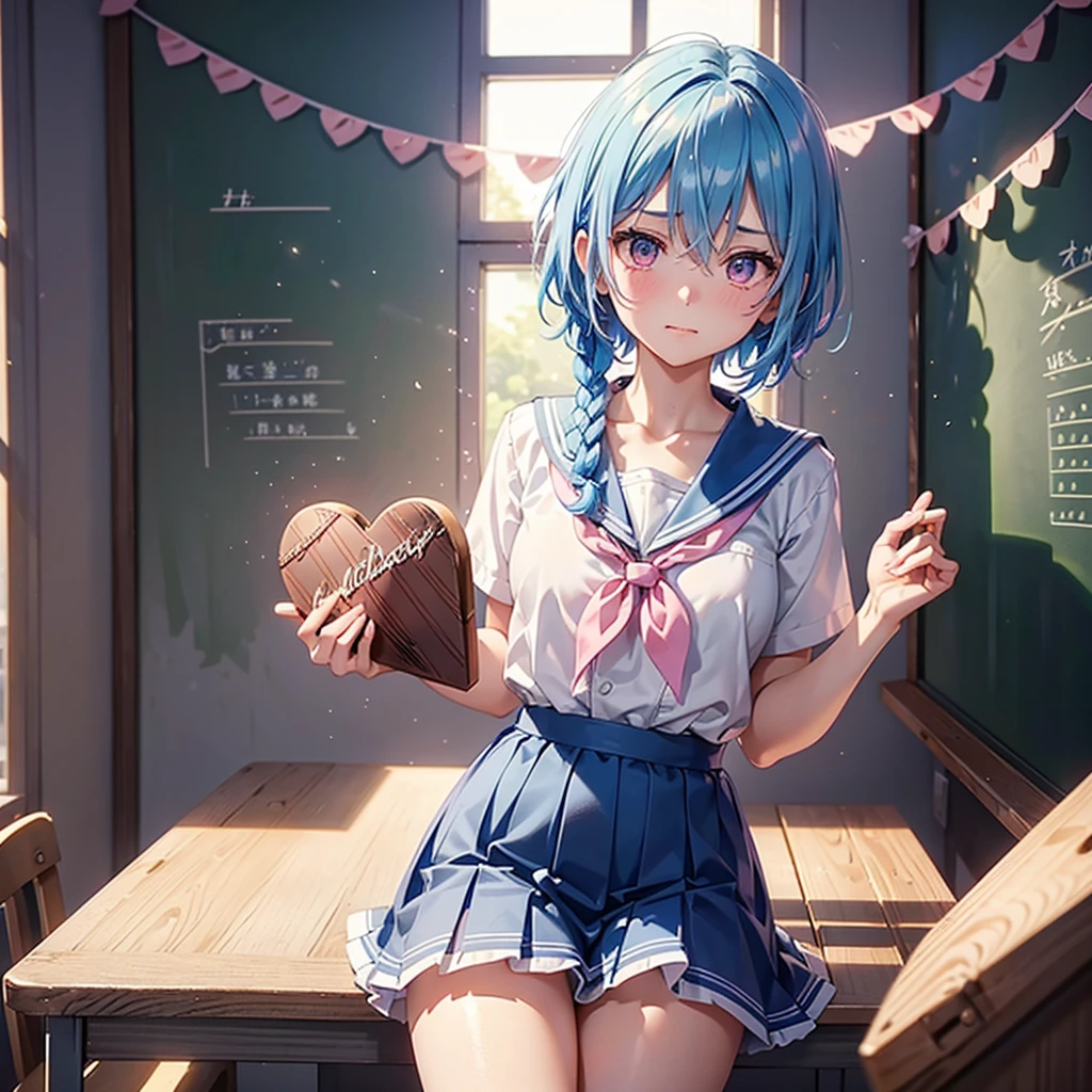 Sky blue hair,Braided short hair,Pink Eyes,Fair skin,whole body,one person,Embarrassed,The background is a school classroom,((love you lettering on a blackboard)),Heart-shaped chocolate,Hand it forward with both hands,Sailor suit,valentineday,masterpiece, Highest quality, Very detailed, Best Shadow,Detailed Background,Beautifully detailed face,High Contrast,Best lighting,Very delicate and beautiful,Cinematic Light,Hyper Detail,8k,Dramatic Light, Intricate details,