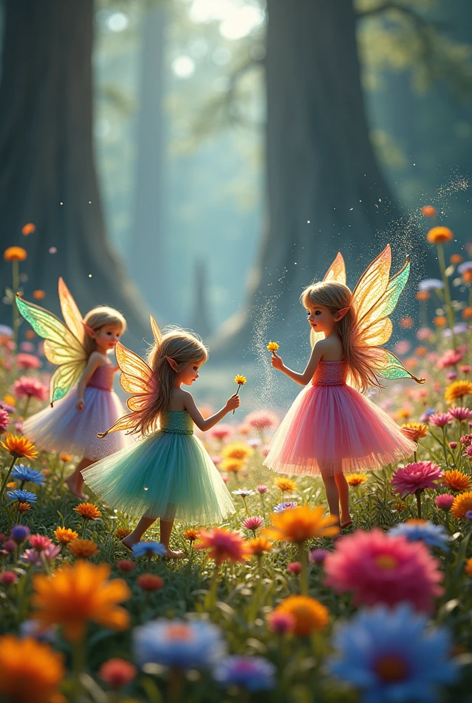 vibrant and enchanted fairy tale design. field very full of colorful flowers. large old trees in the background. appear as points of light there are thin and tiny women, They have elf ears and colorful hair, holographic wings,  dress of different colors, hold wands in their hands and sprinkle magical, glittering dust on the flowers
