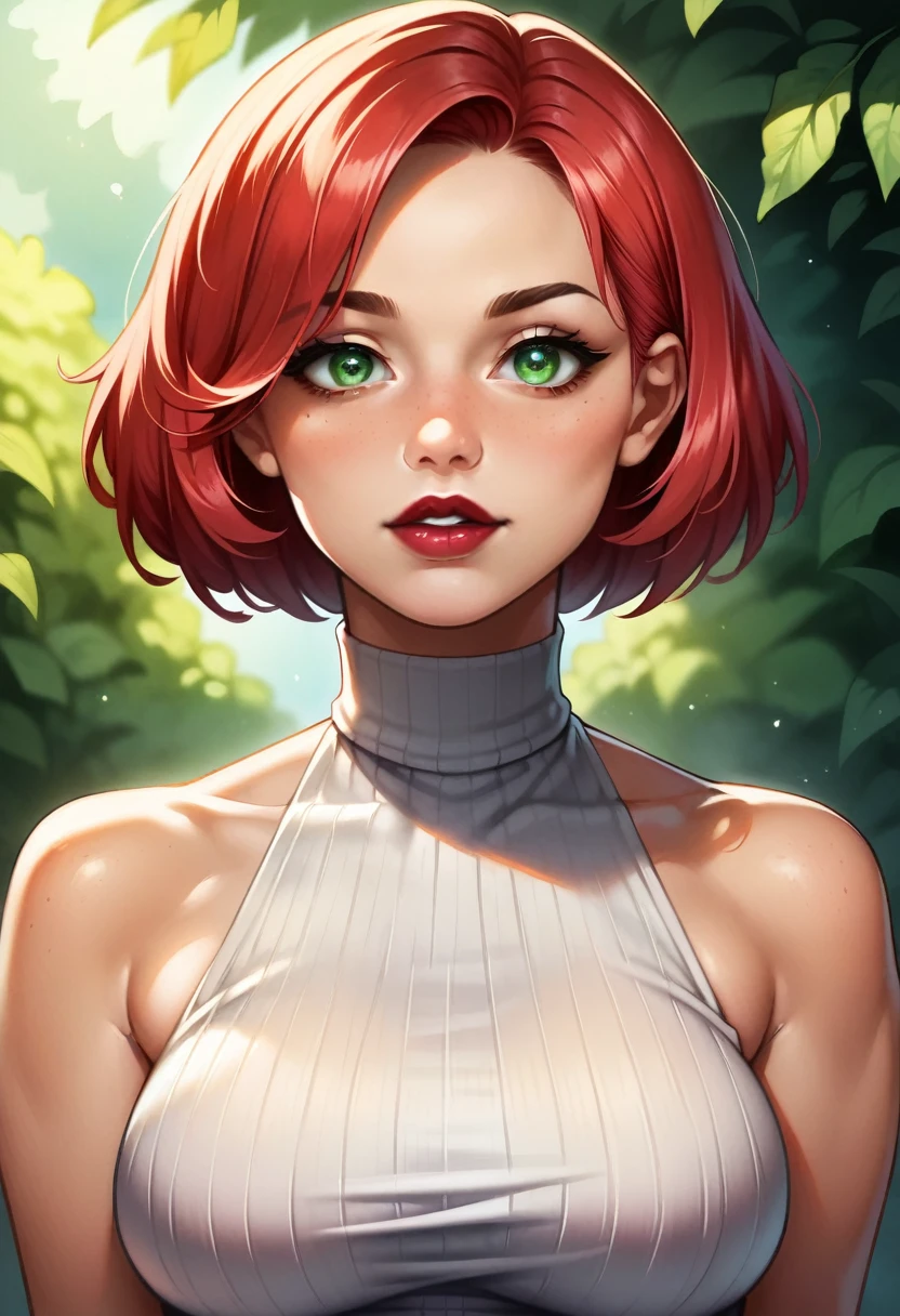 (high-level image quality), (high quality), (high resolution), (detailed), (masterpiece), beautiful woman, ((caucasian)), green eyes, red hair, short bob hair, dark red lipstick, busty, slender body, Detailed eyes, perfect eyes, Detailed face, portrait, streets, turtleneck top, black jeans shorts, sexy poses, portrait, close shot