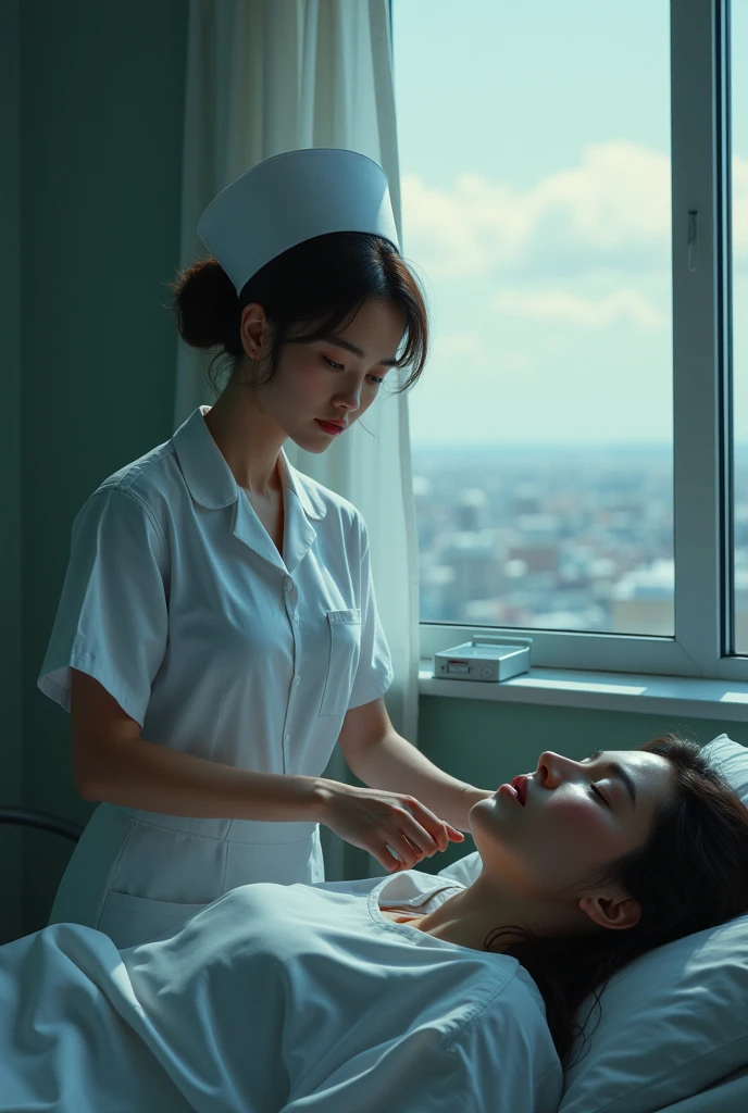 a nurse caring for a person normally, but at the same time he is thinking about other things, hiding feelings, that there is a window that shows that there are many thoughts in your head