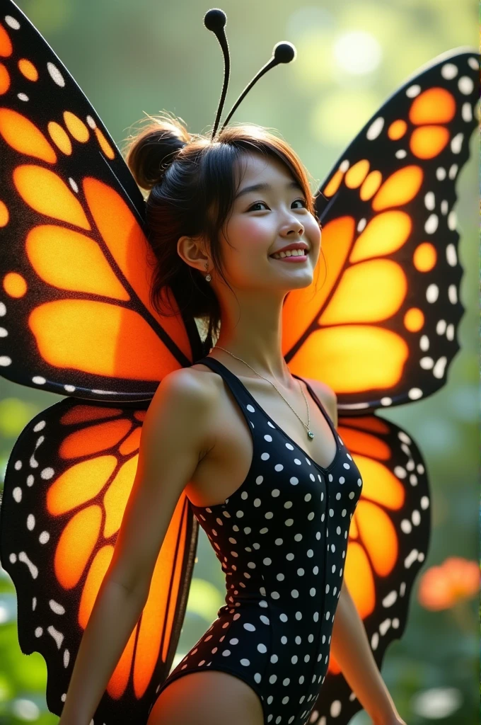 The beautiful asian teenager girl with beautiful cheeks wears black beautiful butterfly lycra turtleneck unitard catsuit covered with white seamless polkadots with a pair of large orange butterfly wings and lycra elastane dancewear hood with antennae.She is happy in the garden.