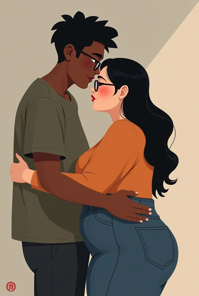 Can you give me an image of a tall, thin, dark-skinned young man hugging his white, corpulent, black-haired girlfriend with glasses showing her love and forgiveness, one last chance, regardless of the problems they once experienced in their past, who has afro hair? Shorter hair?