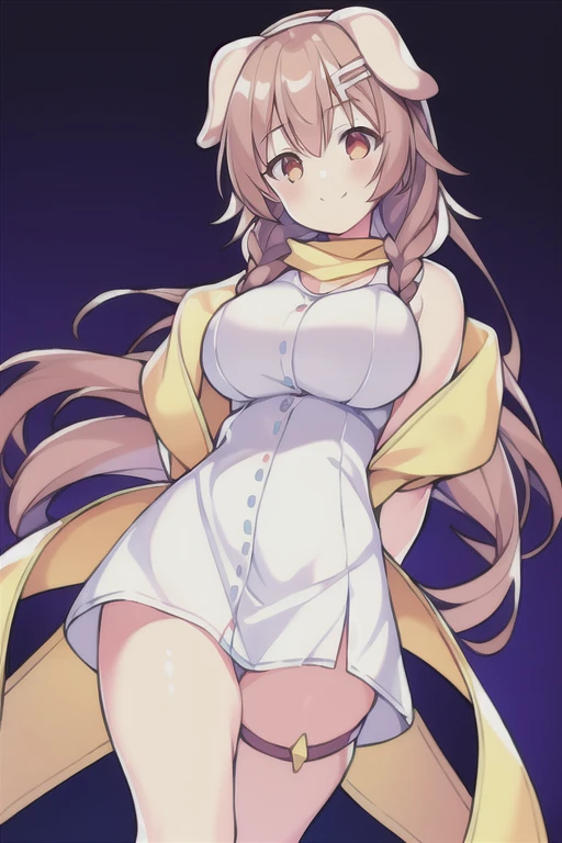 1girl, Korone, smile, dog ears, twin braids, sidelocks, hair ornament, ((white dress)), yellow jacket, dress, jacket, open clothes, open jacket, short dress, sleeveless dress, huge breasts, thick thighs, tall, tall female, mature female, bandana, scarf, hourglass figure, arms behind back, standing, ((arms behind back))