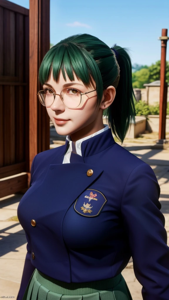 Highest quality, masterpiece, One person, (alone:1.1), Ray Tracing, Super detailed,Detailed face, 8k wallpaper, Wide Hips, Zenin MakiNDV, One person, Green Hair, Brown eyes, Large Breasts, ponytail, Glasses, Navy blue school uniform, Navy blue jacket, Navy Blue Skirt, Outdoor, From the side, View your viewers,  Zenin Maki