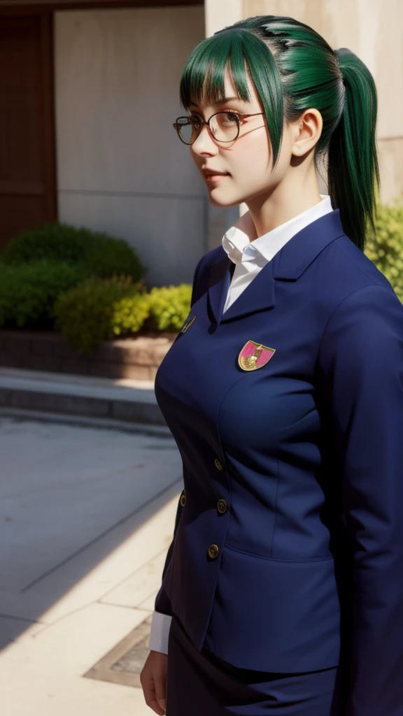 Highest quality, masterpiece, One person, (alone:1.1), Ray Tracing, Super detailed,Detailed face, 8k wallpaper, Wide Hips, Zenin MakiNDV, One person, Green Hair, Brown eyes, Large Breasts, ponytail, Glasses, Navy blue school uniform, Navy blue jacket, Navy Blue Skirt, Outdoor, From the side, View your viewers, Zenin Maki