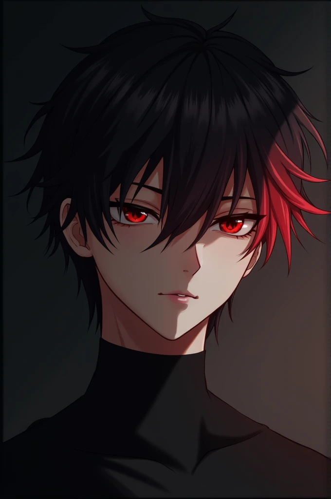 1boy, Black Red Mix Hair, red eyes, dark background, Dim lighting, Glance, masterpiece