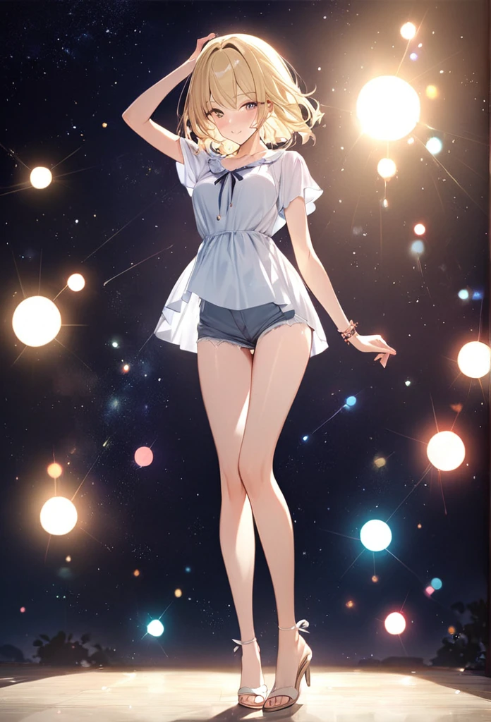 Absurd resolution, high resolution, (masterpiece: 1.4), super detailed, girl alone, from above, space, floating, blonde, petite, short hair